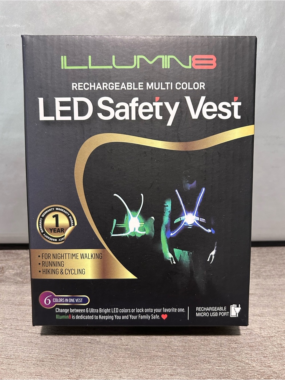 ILLUMIN8 Rechargeable Multi-Color LED Safety Vest outdoor walking running NIB